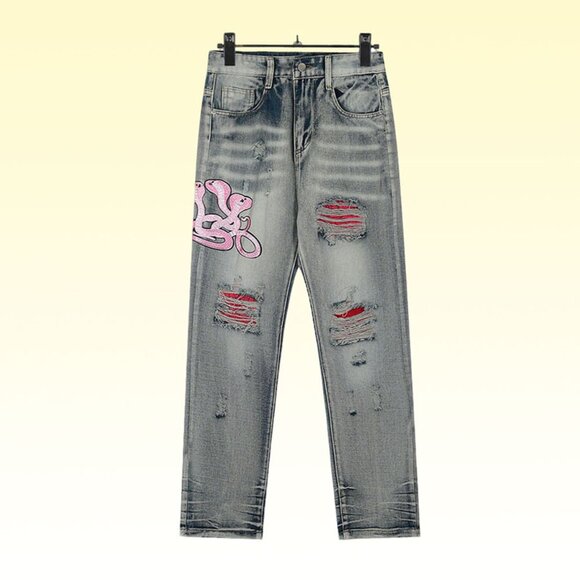 Amiri Embroidered Pink Snake Jeans